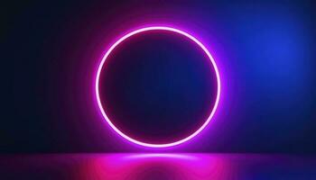 3d render, blue pink neon round frame, circle, ring shape, empty space, ultraviolet light, 80s retro style, fashion show stage, abstract background, generate ai photo