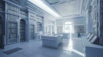 artificial intelligence white library classroom in space, a futuristic  library with a lot of books with natural light,  photorealistic 2050, generate ai photo