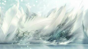 a bright blue background with one white feather, in the style of soft and dreamy pastels, glimmering light effects, nature inspired imagery, fairycore, soft focal points, generate ai photo