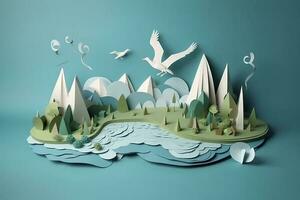 Paper art , Ecology and world water day , Saving water and world Environment day, environmental protection and save earth water , Generate Ai photo