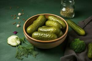 Bowl with tasty fermented cucumbers and ingredients on green background, generate ai photo