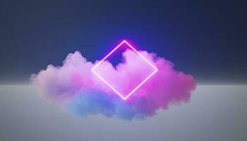 3d render, abstract minimal background with pink blue yellow neon light square frame with copy space, illuminated stormy clouds, glowing geometric shape, generate ai photo