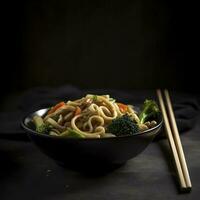 Udon stir fry noodles with chicken and vegetables on black background. hot wok with chicken steaming over plate, generate ai photo