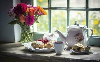 A Mother's Day arrangement with tea and scones in front of a bright window, generate ai photo