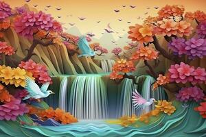 3d mural colorful landscape. flowers branch multi colors with trees and water. Waterfall and flying birds. suitable for printing on canvas, generate ai photo
