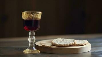 Adjarian khinkali and khachapuri with wine and sauce on a wooden table and stands, generate ai photo