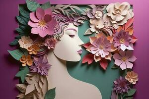 Paper art , Happy women's day 8 march with women of different frame of flower , women's day specials offer sale wording isolate , Generate Ai photo