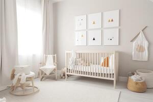 Modern minimalist nursery room in scandinavian style. Baby room interior in light colours, image photo