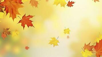 Autumn natural background with yellow and red maple leaves are flying and falling down, generate ai photo