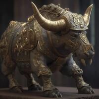 el cabeza de un animal un con cuernos toro hecho de bronce un Monumento un estatua ai generado foto