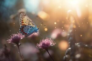 Field of daisies in golden rays of the setting sun in spring summer nature with an orange butterfly outdoors, photo