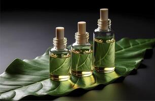 Cosmetic serum in a glass bottles with a pipette on a dark background with green leaves on a dark background. Skin care serum, essential oils, spa and wellness. Natural cosmetic. . photo