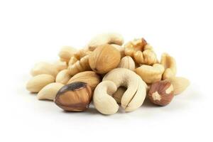 Cashew nuts, almond, hazelnut and blanched peanuts isolated on white background, generate ai photo