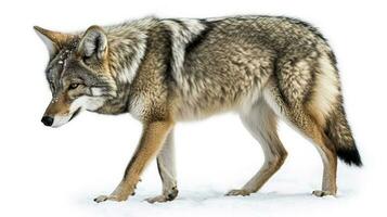 A lone coyote Canis latrans isolated on white background walking and hunting in the winter snow in Canada, generate ai photo