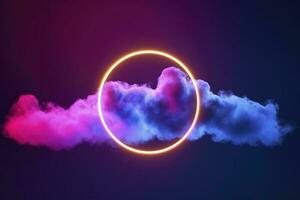 3d render, abstract cloud illuminated with neon light ring on dark night sky. Glowing geometric shape, round frame, generate ai photo