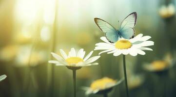 beautiful and colourful butterfly fluttering over the delicate Bellamy flowers daisies on a Sunny summer day, generate ai photo