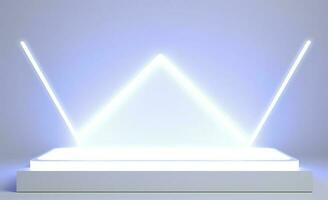 Realistic podium display with neon white lights, Product display background with light frame, White prodium product display with light effect, neon lights background, generate ai photo