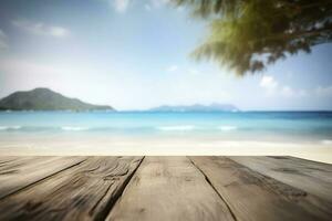 Empty wooden table on a beautiful blured tropical beach background. Summer holiday background for product display, generate ai photo