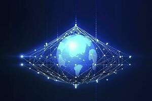 Global network on Earth concept. 3D rendering, World map point. Big data analytics and business concept, world map point and line composition concept of global business, generate ai photo