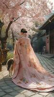 un linda niña con miniatura gatito en un maravilloso chino vestido, chal Boda vestido, gasa material, piso - longitud falda con bordado y encaje, generar ai foto