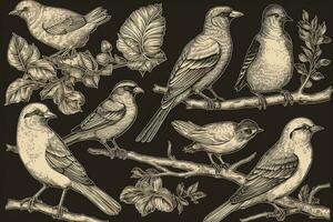 Engraved vintage set of birds elements , generate ai photo
