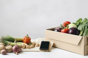 teléfono inteligente con comida entrega solicitud terminado mesa con Fresco comestibles aislado en blanco fondo, generar ai foto