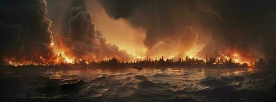 Post apocalypse. Nuclear apocalypse survivor. Ruined Cityscape. Concept. Banner size. Header, A nuclear explosion in the center of the metropolis. The beginning of apocalyptic, generate ai photo