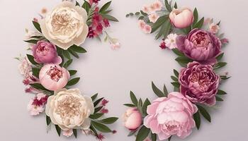 Wreath made of flowers. Floral round frame, wreath made of peonies flower buds and green leaves, botanical design, flat lay, top view, free space for text. image photo