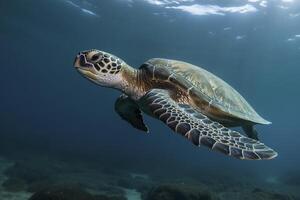 ai ilustración de un Tortuga atrapado con pescar neto. el concepto de ambiental proteccion. mar, Oceano Tortuga necesitar a ser liberado desde pescar redes No a muerto tortugas generativo ai foto