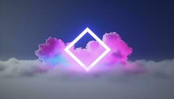 3d render, abstract minimal background with pink blue yellow neon light square frame with copy space, illuminated stormy clouds, glowing geometric shape, generate ai photo