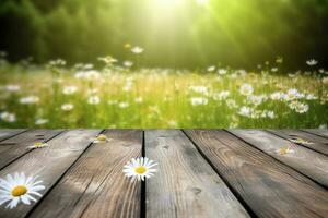 Wooden Board With Daisy Flower Field As Background , generate ai photo