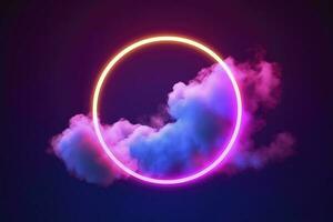 3d render, abstract cloud illuminated with neon light ring on dark night sky. Glowing geometric shape, round frame, generate ai photo