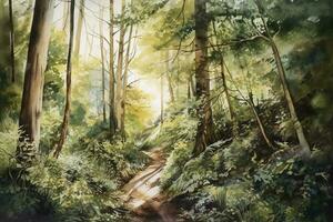Sunny summer forest.Picture created with watercolors , generate ai photo