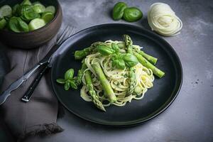 Traditional Italian spaghetti with asparagus in a herb sauce served as a top view on a Nordic design plate, generate ai photo