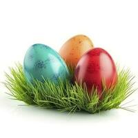 Easter eggs in green grass isolated on white background, generate ai photo