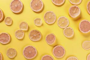 Uniform pattern of dried lemon slices with shadow on a pink background. Flat lay, generate ai photo