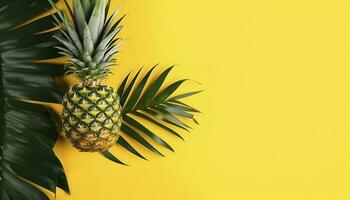 Top view of fresh pineapple with tropical leaves on yellow background , generate ai photo