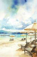 Beautiful beach banner. White sand, chairs, and umbrella travel tourism wide panorama background concept. Amazing beach watercolor landscape watercolor painting, generate ai photo