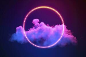 3d render, abstract cloud illuminated with neon light ring on dark night sky. Glowing geometric shape, round frame, generate ai photo