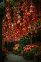 courtyard background, Bulbous begonia blossoms, Bulbous begonia flowers hang down in strings, Hanging like rows of wind chimes, Petals are small and beautiful, generate ai photo