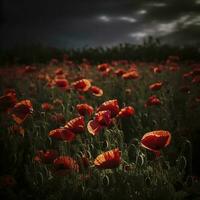 Dramatic Poppy flowers field. Anzac day banner. Remember for Anzac, Historic war memory. Anzac background. Poppy field, Remembrance day. , generate ai photo