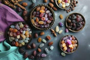 Eid al-Fitr holiday concept with sweet dried dates, fruits and decorations on bright background. Top view from above, generate ai photo