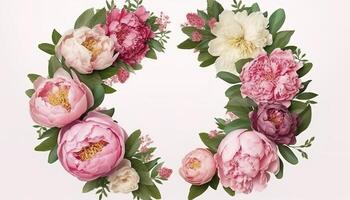 Wreath made of flowers. Floral round frame, wreath made of peonies flower buds and green leaves, botanical design, flat lay, top view, free space for text. image photo