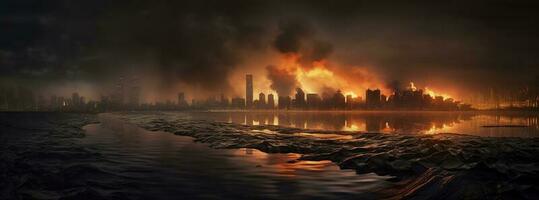 Post apocalypse. Nuclear apocalypse survivor. Ruined Cityscape. Concept. Banner size. Header, A nuclear explosion in the center of the metropolis. The beginning of apocalyptic, generate ai photo