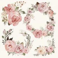 Watercolor traditional floral golden wreath, ivory roses and dusty greenery frame, generate ai photo