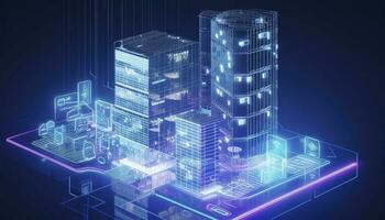 Development architecture computer systems of a smart building. Design modern building construction with ai controls. Project smart house construction with artificial intelligence, generate ai photo