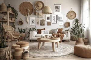 Stylish and modern boho inspired living room with carpet, rattan furniture, pillows, plants, photo wall decoration and personal accessories. Natural home decor, boho room interior, image