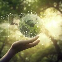 Man hands holding global network and data customer connection on nature background , generat ai photo