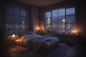 illustration of luxury penthouse bedroom at night photo