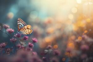 Field of daisies in golden rays of the setting sun in spring summer nature with an orange butterfly outdoors, photo